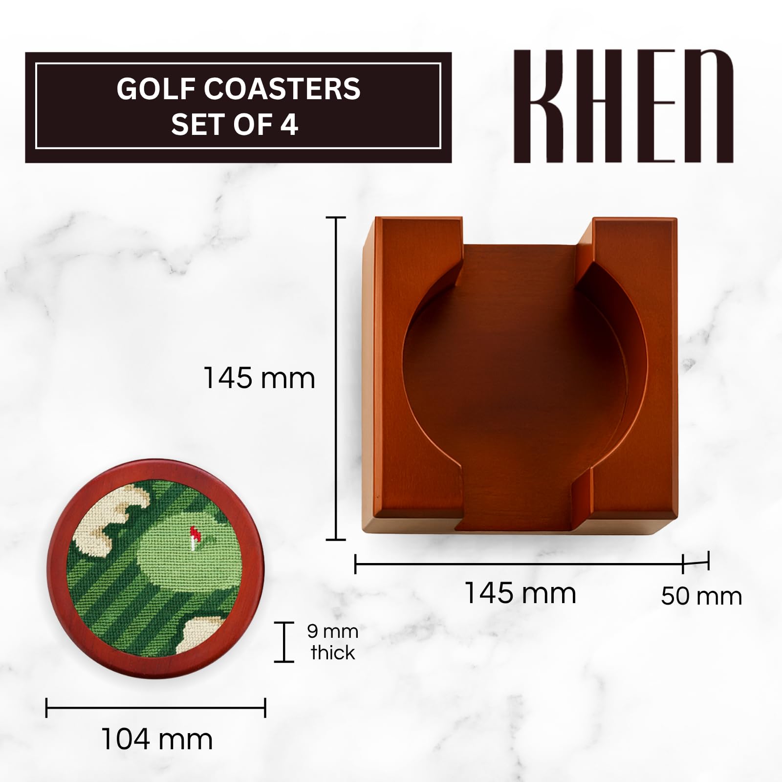 Golf Hand-Stitched Needlepoint Coasters - Set of 4 - Wooden Holder