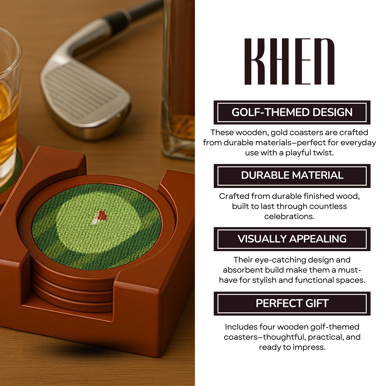 Golf Hand-Stitched Needlepoint Coasters - Set of 4 - Wooden Holder