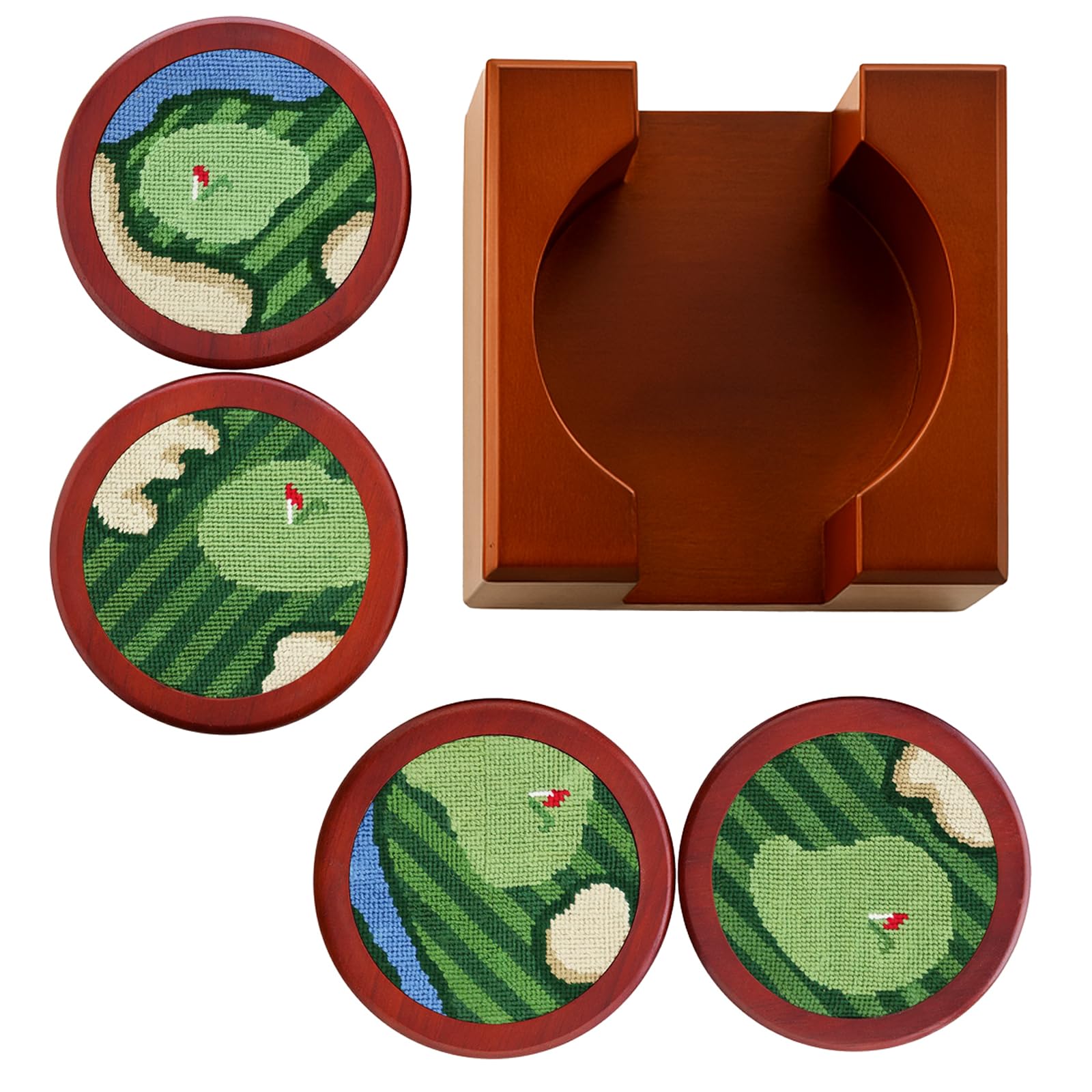 Golf Hand-Stitched Needlepoint Coasters - Set of 4 - Wooden Holder