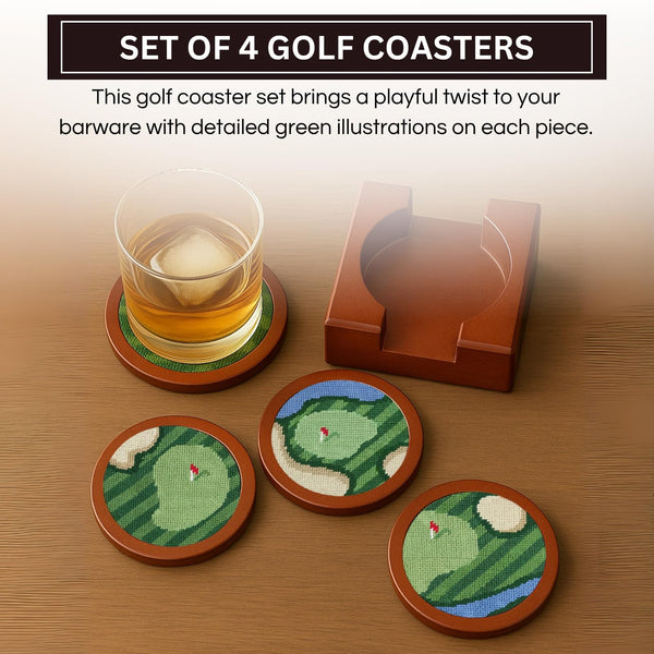 Golf Hand-Stitched Needlepoint Coasters - Set of 4 - Wooden Holder