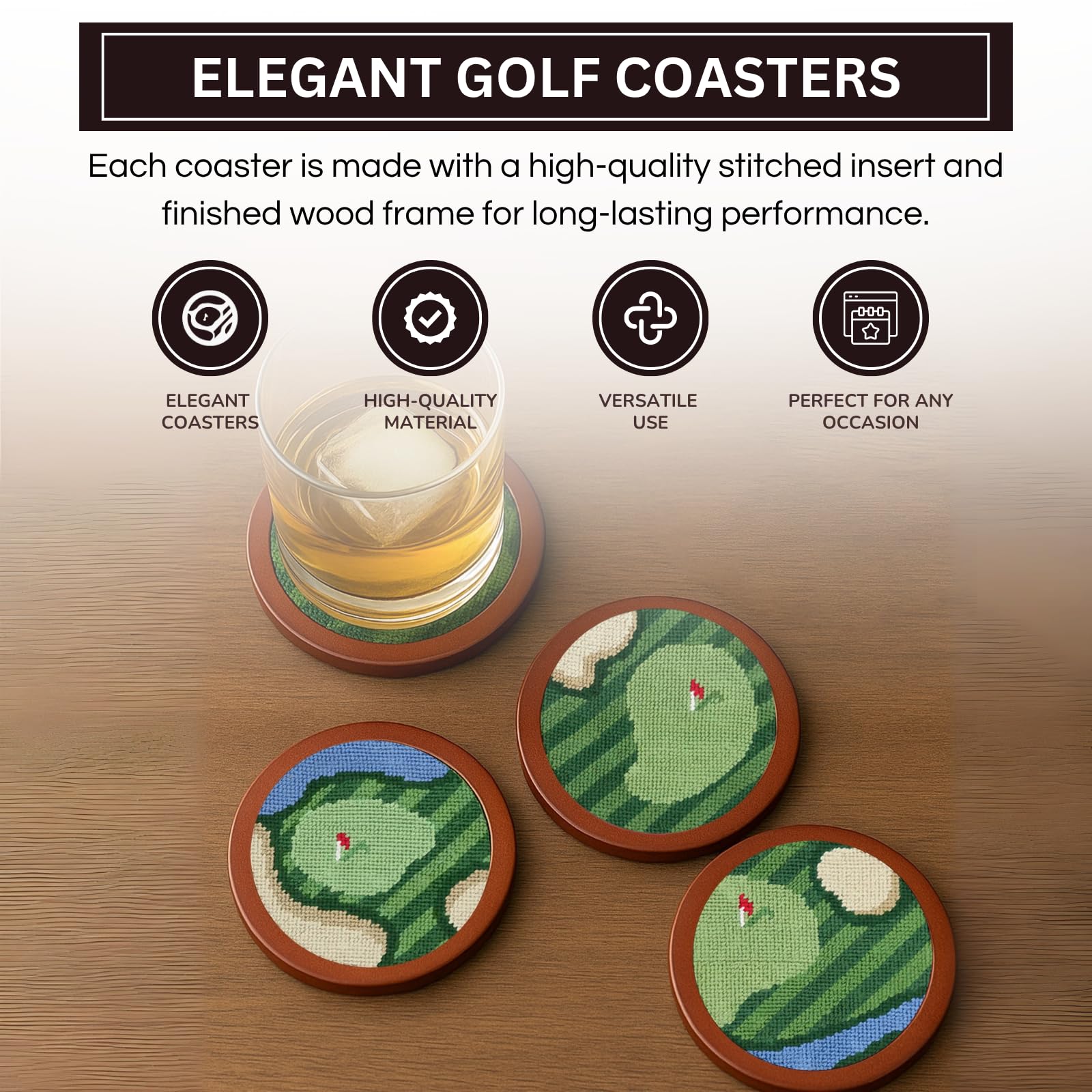 Golf Hand-Stitched Needlepoint Coasters - Set of 4 - Wooden Holder